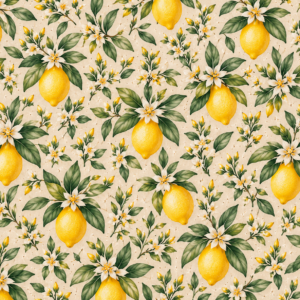 Limone: gele citroenen, groene bladeren en witte bloesem op een crèmekleurige achtergrond, Dalla Terra