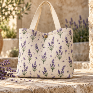 Sfeerbeeld van de Dalla Terra Lavender canvas tas op natuursteen