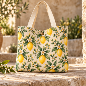 Sfeerbeeld van de Dalla Terra Limone canvas tas op natuursteen