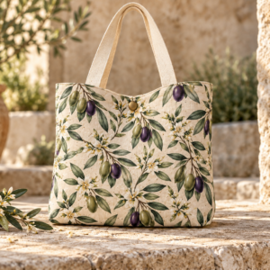 Sfeerbeeld van de Dalla Terra Olive canvas tas op natuursteen