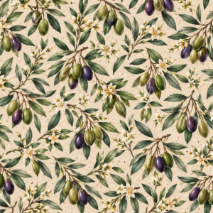 Olive: groene en donkere olijven met olijftakken op een crèmekleurige achtergrond, Dalla Terra