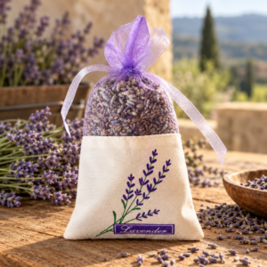 Lavendelzakje met gedroogde lavendel op een rustieke houten tafel